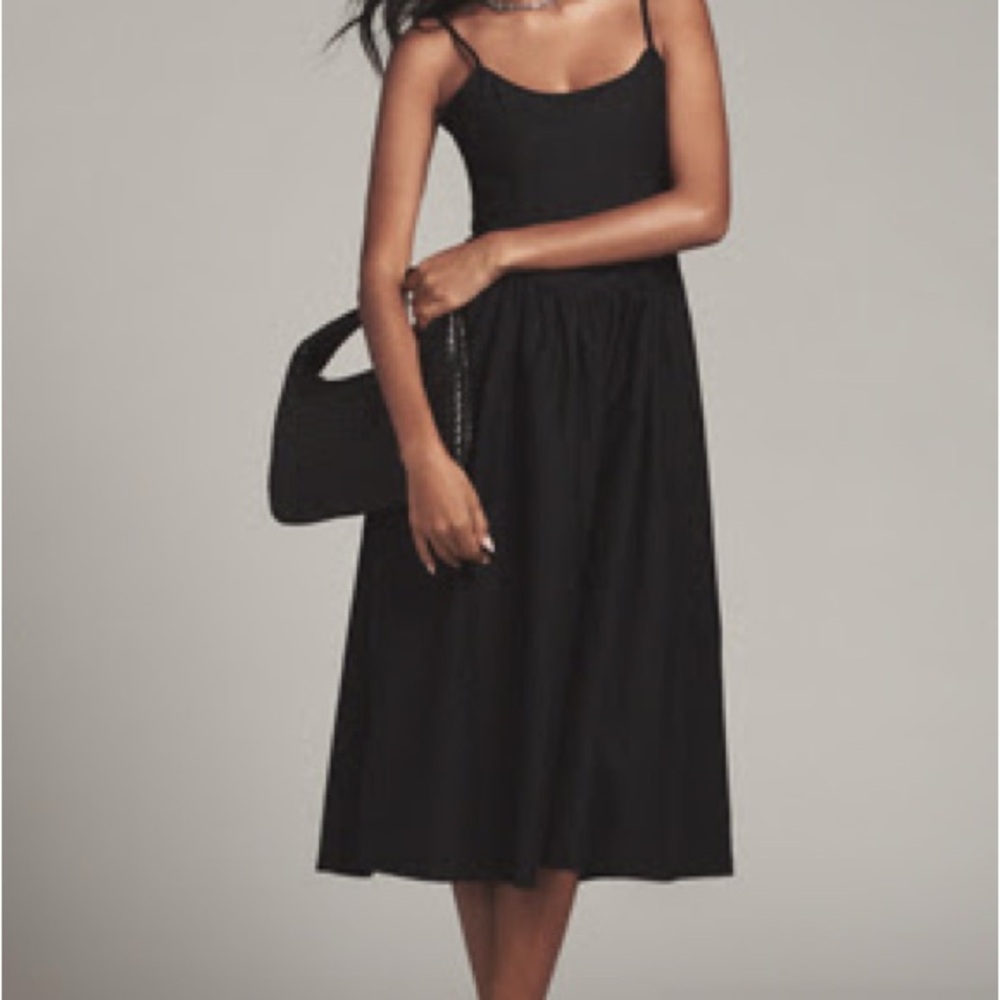 Anthropologie Maeve Cotton Drop Waist Black Shirred Midi Dress